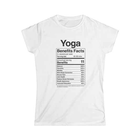 Yoga Benefits Facts Tee — Funny Yoga Nutrition Label Shirt for Women